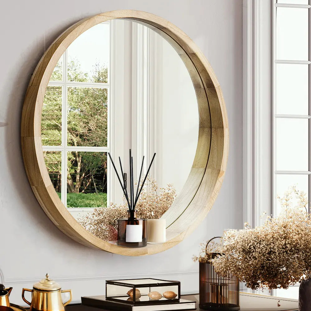 A collection of elegant wooden frame mirrors showcasing various styles and finishes, enhancing any interior decor.