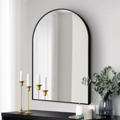 Tate arched metal wall mirror in modern living room