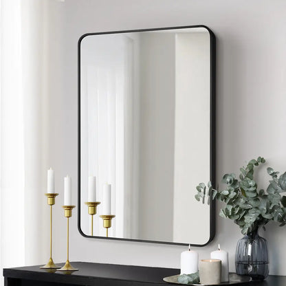 Tate rectangular metal wall mirror in modern living room in color black