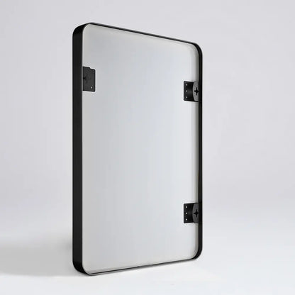 back view Modern metal-framed wall mirror in black