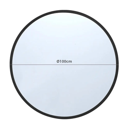 Close-up of round bathroom mirror with durable aluminium frame 100cm