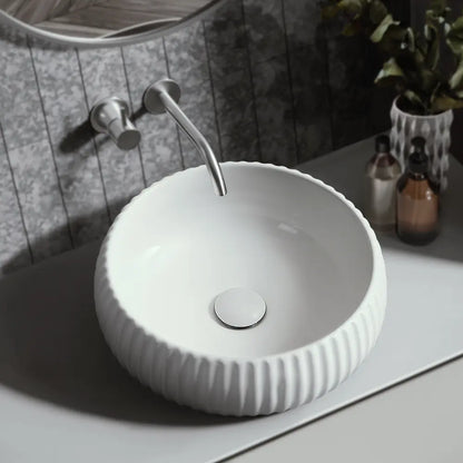 Felda 400mm White Round Fluted Ceramic Above Counter Basin