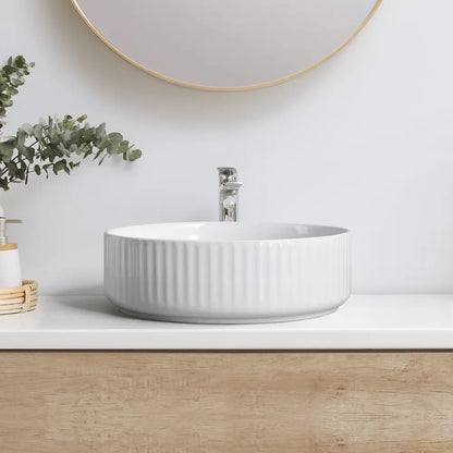 Marlo 360mm White Round Fluted Ceramic Above Counter Basin