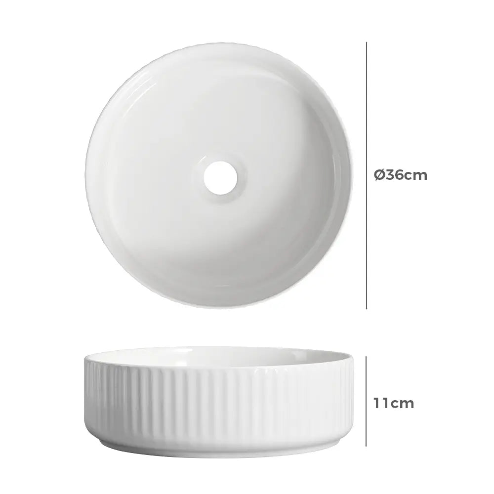 Marlo 360mm White Round Fluted Ceramic Above Counter Basin