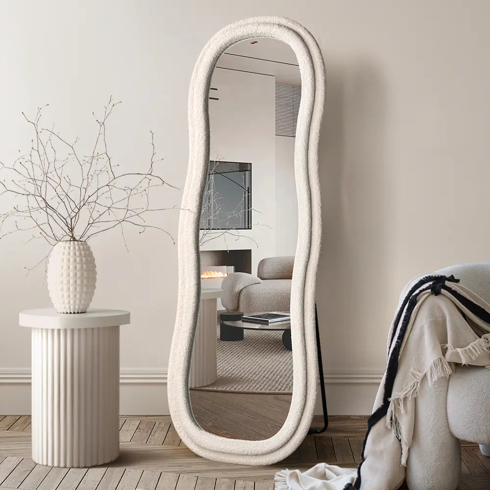 Full-length wall mirror with fabric-wrapped frame