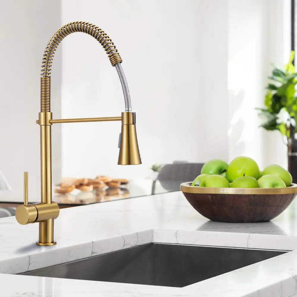 Flexible hose on Vivi spring pull down sink in gold