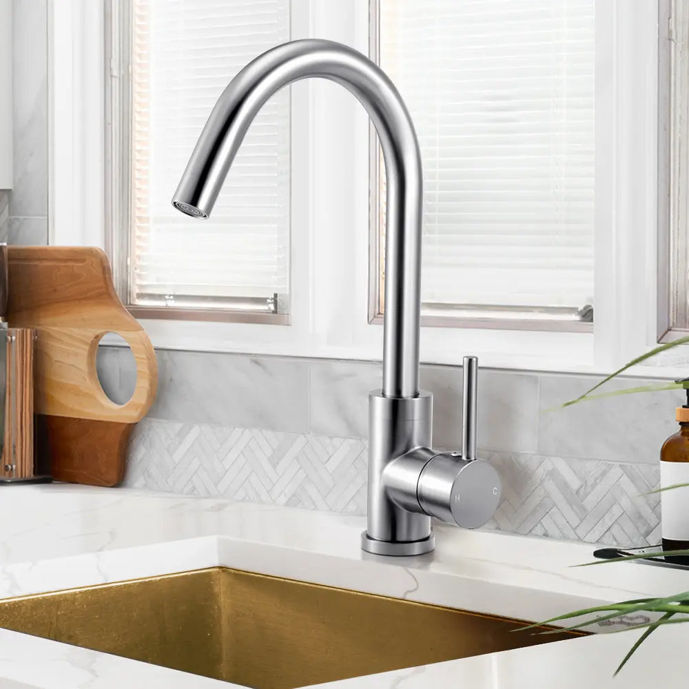 Jeni Gooseneck Mixer Tap installed in modern kitchen in silver