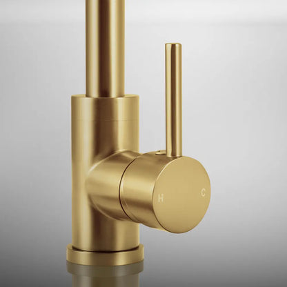 Side view of Jeni Gooseneck Tap with smooth lever control in gold