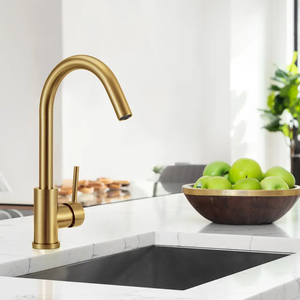 High-arched Jeni Gooseneck Mixer Tap installed over a double sink