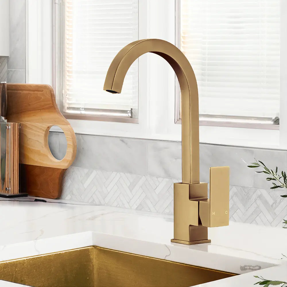 Slimline square Debbie sink mixer tap in a contemporary kitchen in gold