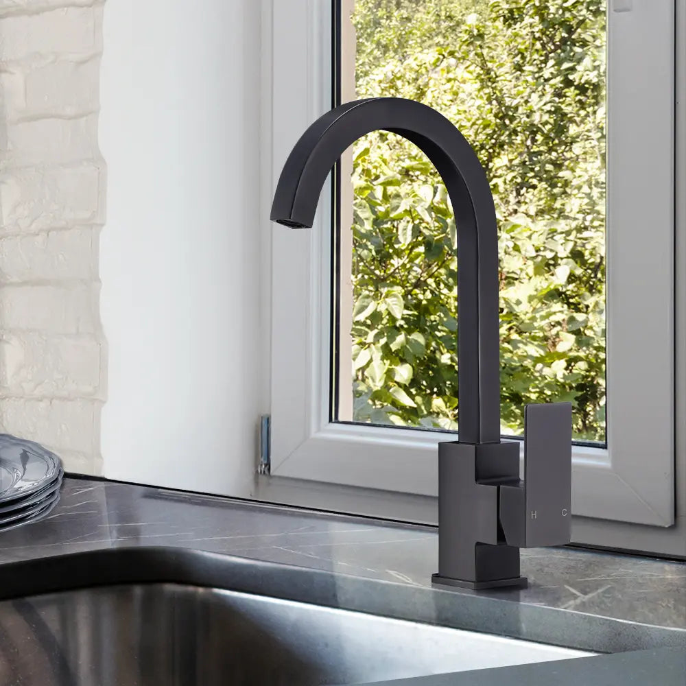 Slimline square Debbie sink mixer tap in a contemporary kitchen in black