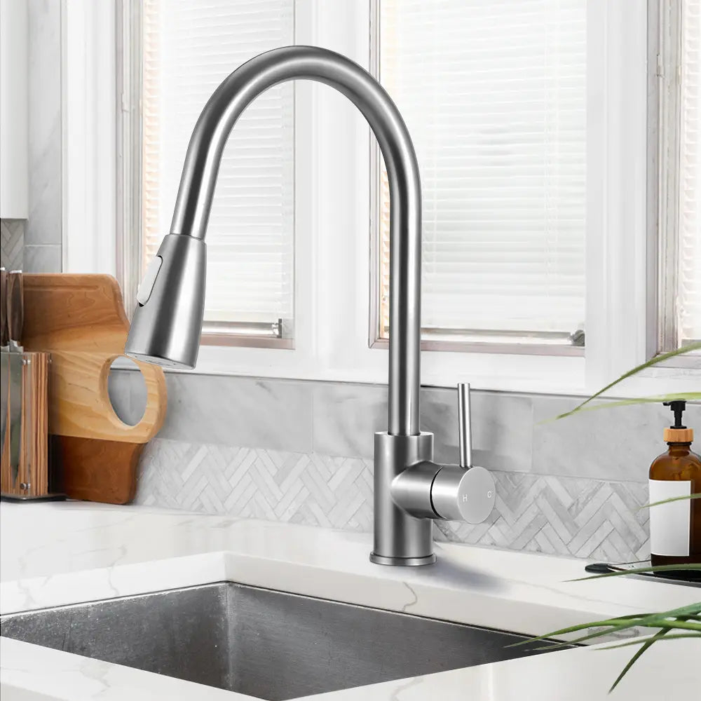 Lyla Gooseneck Pull Out Sink Mixer Tap in stainless steel