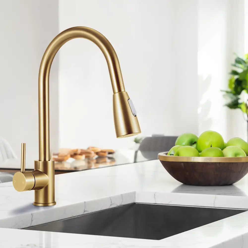 Modern kitchen featuring Lyla Gooseneck Mixer Tap in gold