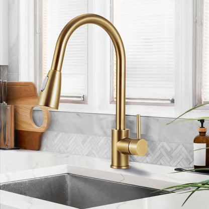 Lyla Gooseneck Pull Out Sink Mixer Tap in gold