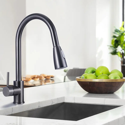 Lyla Sink Mixer Tap with flexible gooseneck spout in a modern kitchen in black