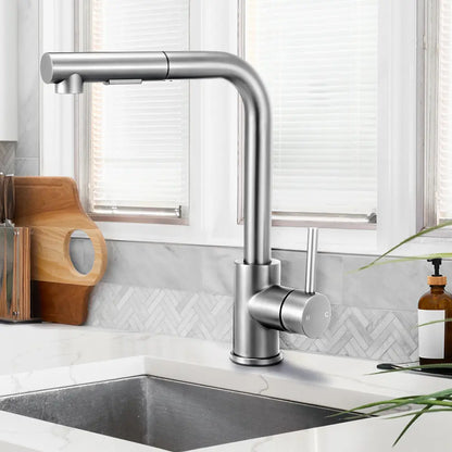 Beca Square Pull Out Sink Mixer Tap in a modern kitchen setting in aluminum