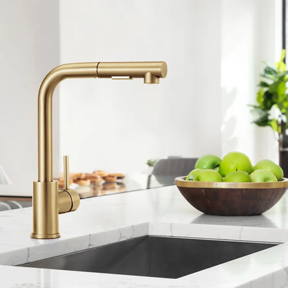 Sleek chrome Beca square pull-out mixer tap with high-arc spout in gold