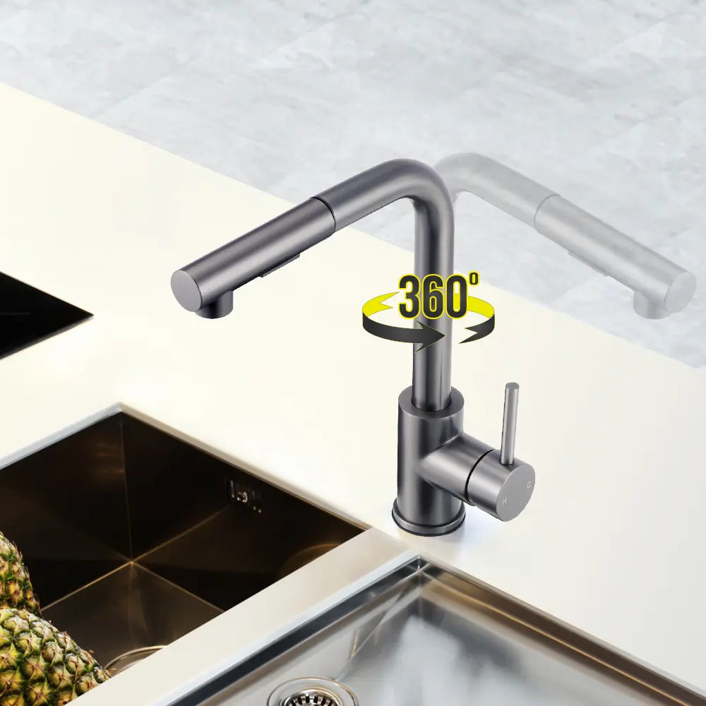 Close-up of Beca pull-out sink mixer tap with square base