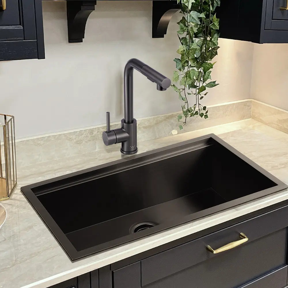 Modern kitchen featuring Beca square pull-out sink mixer tap in chrome