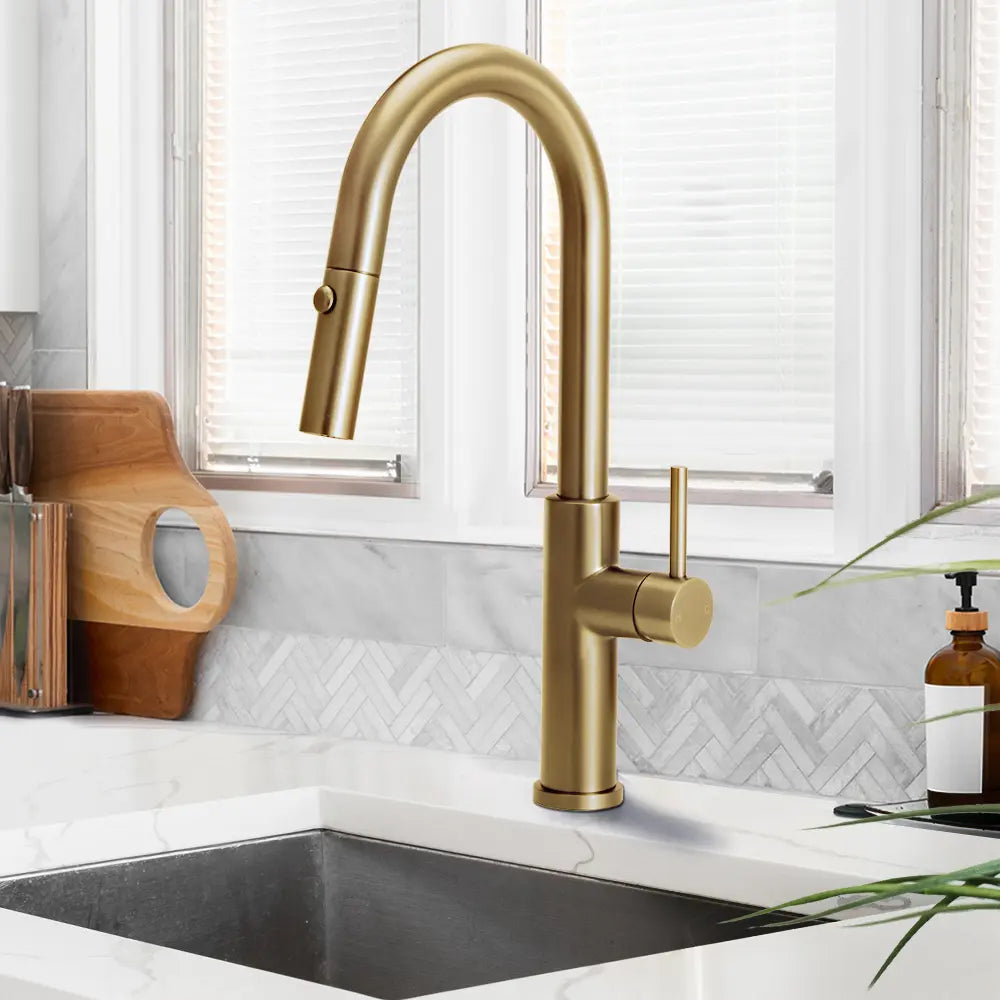 Gold Arie Gooseneck Pull Out Sink Mixer Tap in modern kitchen