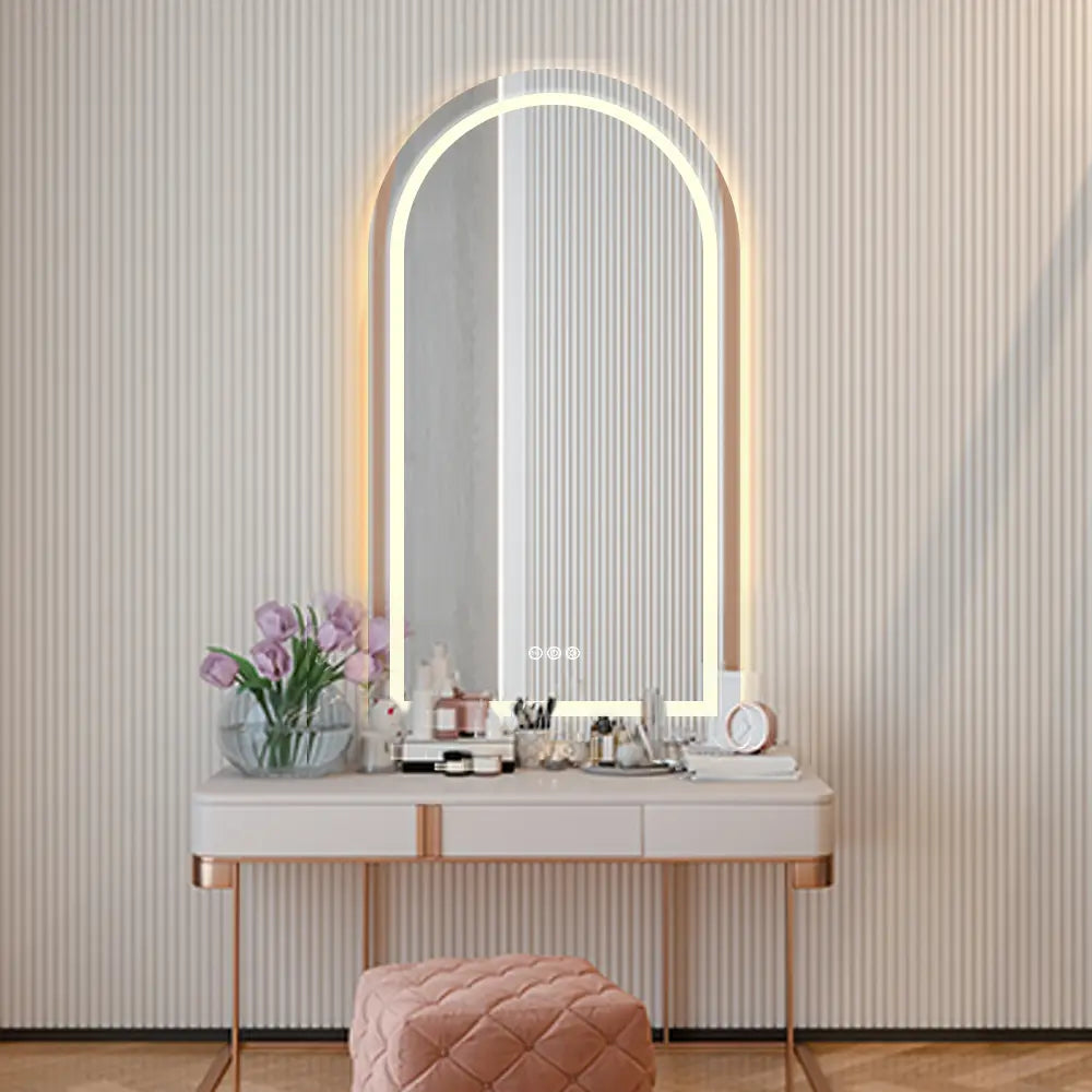 LED lighted mirror reflecting bathroom vanity area