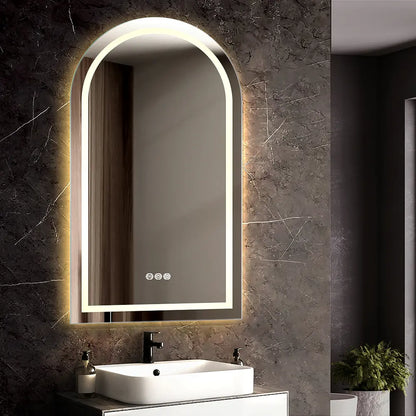 Close-up of LED lighting on frameless arch bathroom mirror