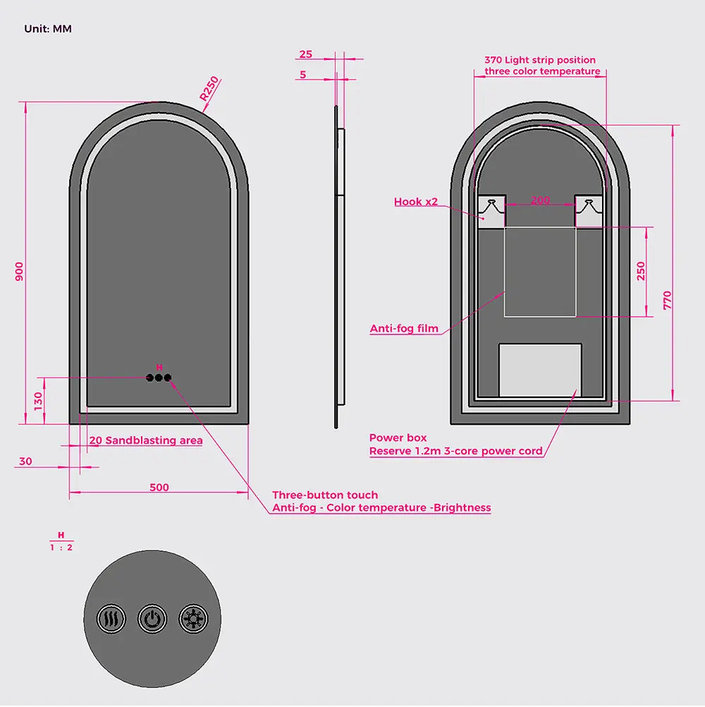 Energy-efficient frameless LED arch mirror glowing in bathroom