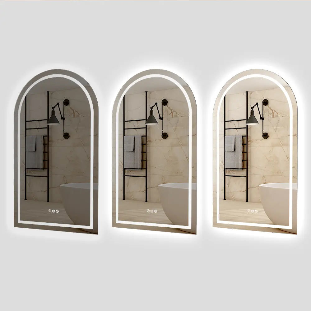 Fog-free frameless arch bathroom mirror with front LED lights