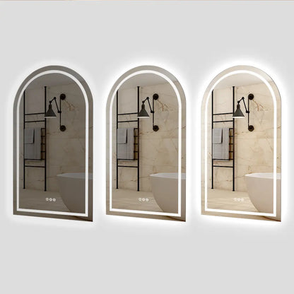 Fog-free frameless arch bathroom mirror with front LED lights