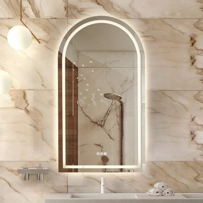 Fog-free frameless arch bathroom mirror with front LED lights