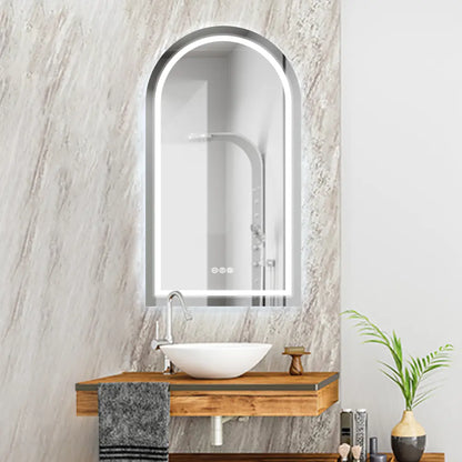 Bathroom vanity featuring frameless LED arch wall mirror