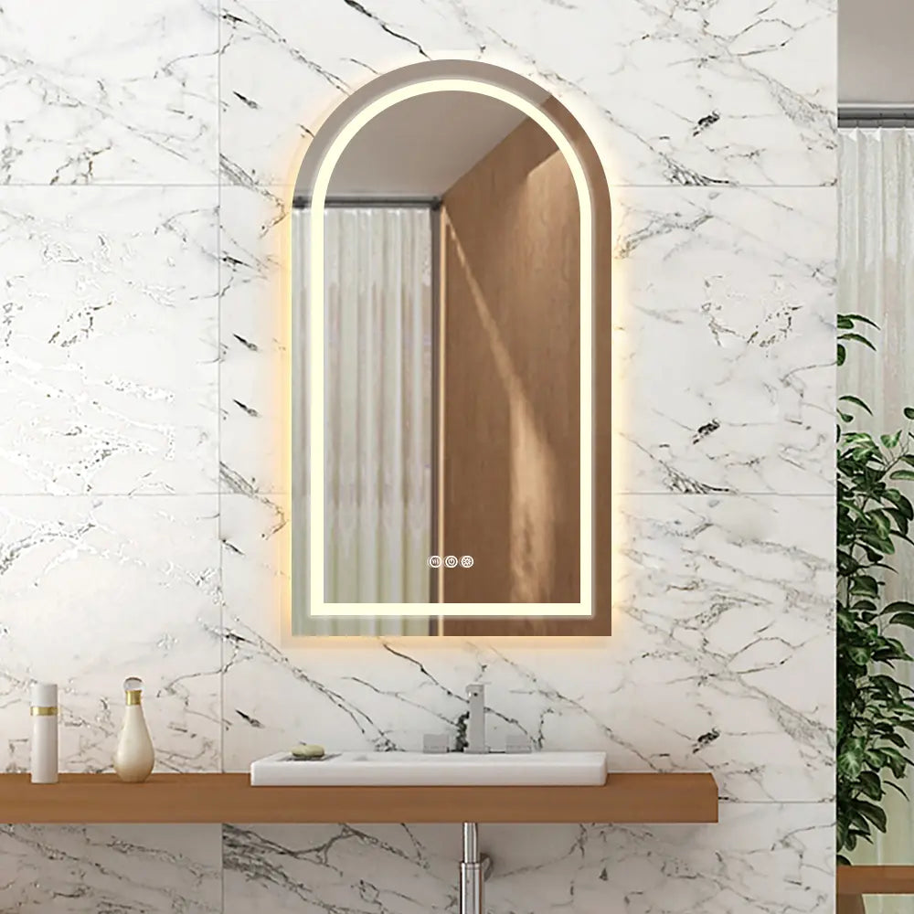 Arch-shaped frontlit mirror in an elegant, frameless design