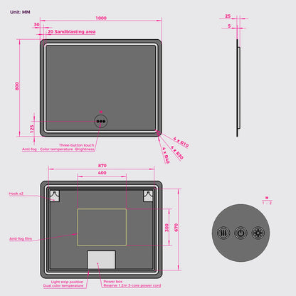 Rectangular frameless mirror with rounded corners back features