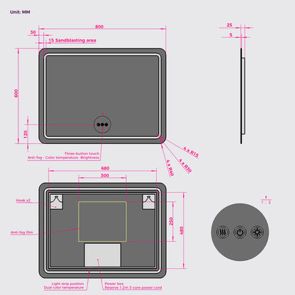 Bathroom LED Lighted Wall Mirror Frameless Rectangular Frontlit Round Corners