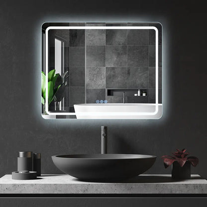 Frameless rectangular LED lighted mirror with frontlit illumination in modern bathroom