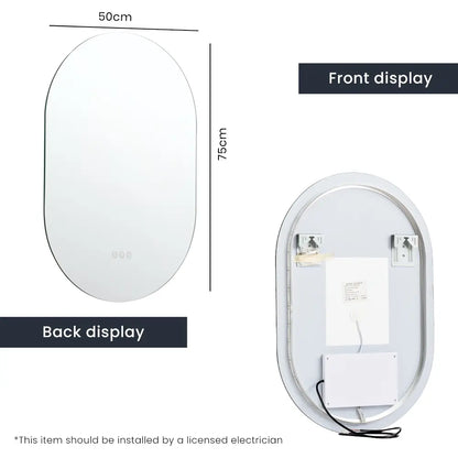 Oval-shaped frameless mirror with LED backlighting and round corners