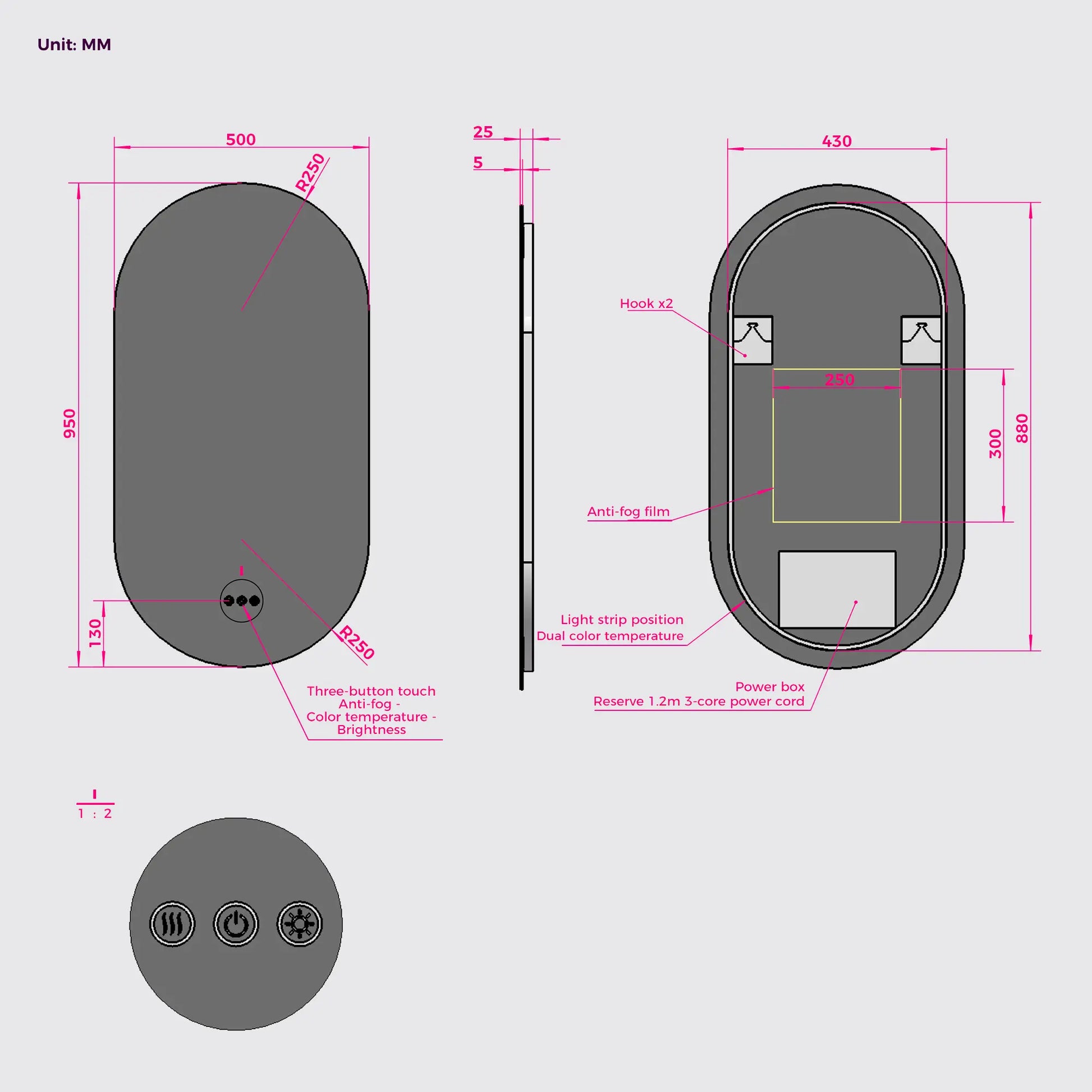 Close-up of frameless oval mirror with backlit LEDs and rounded corners