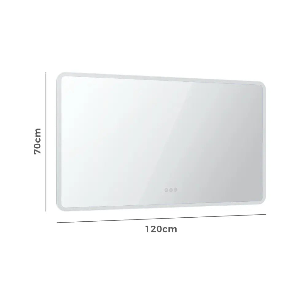 Close-up of backlit rectangular LED mirror with smooth round corners