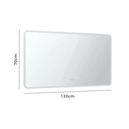 Close-up of backlit rectangular LED mirror with smooth round corners