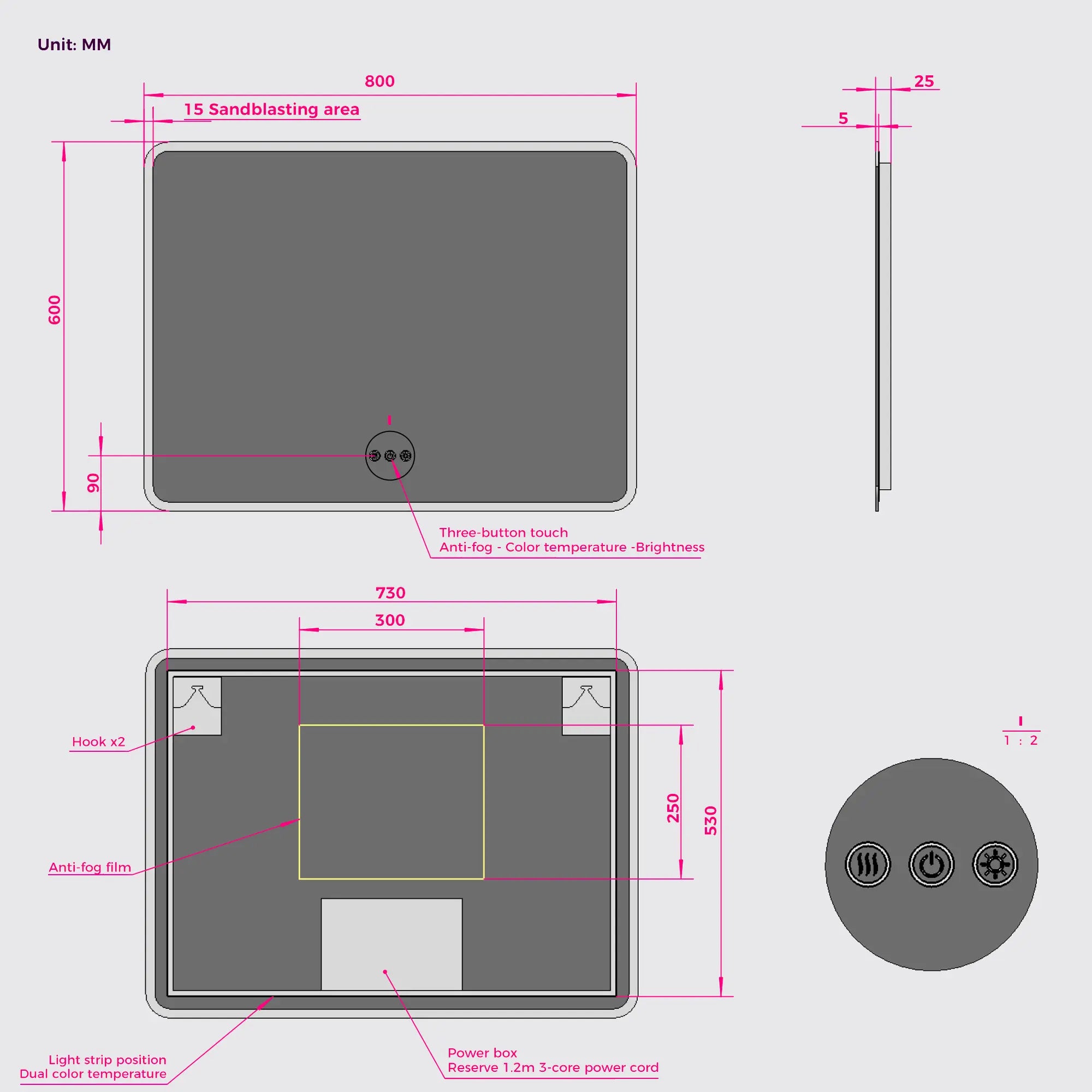 Rectangular bathroom mirror with fog-free feature and backlit illumination