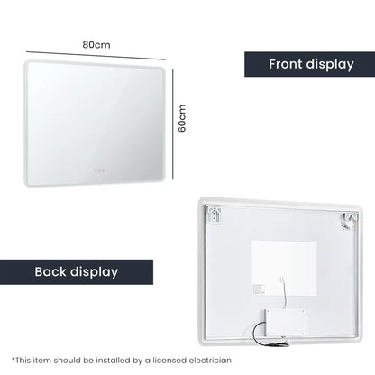 Rectangular frameless mirror with backlit LED illumination and smooth round corners