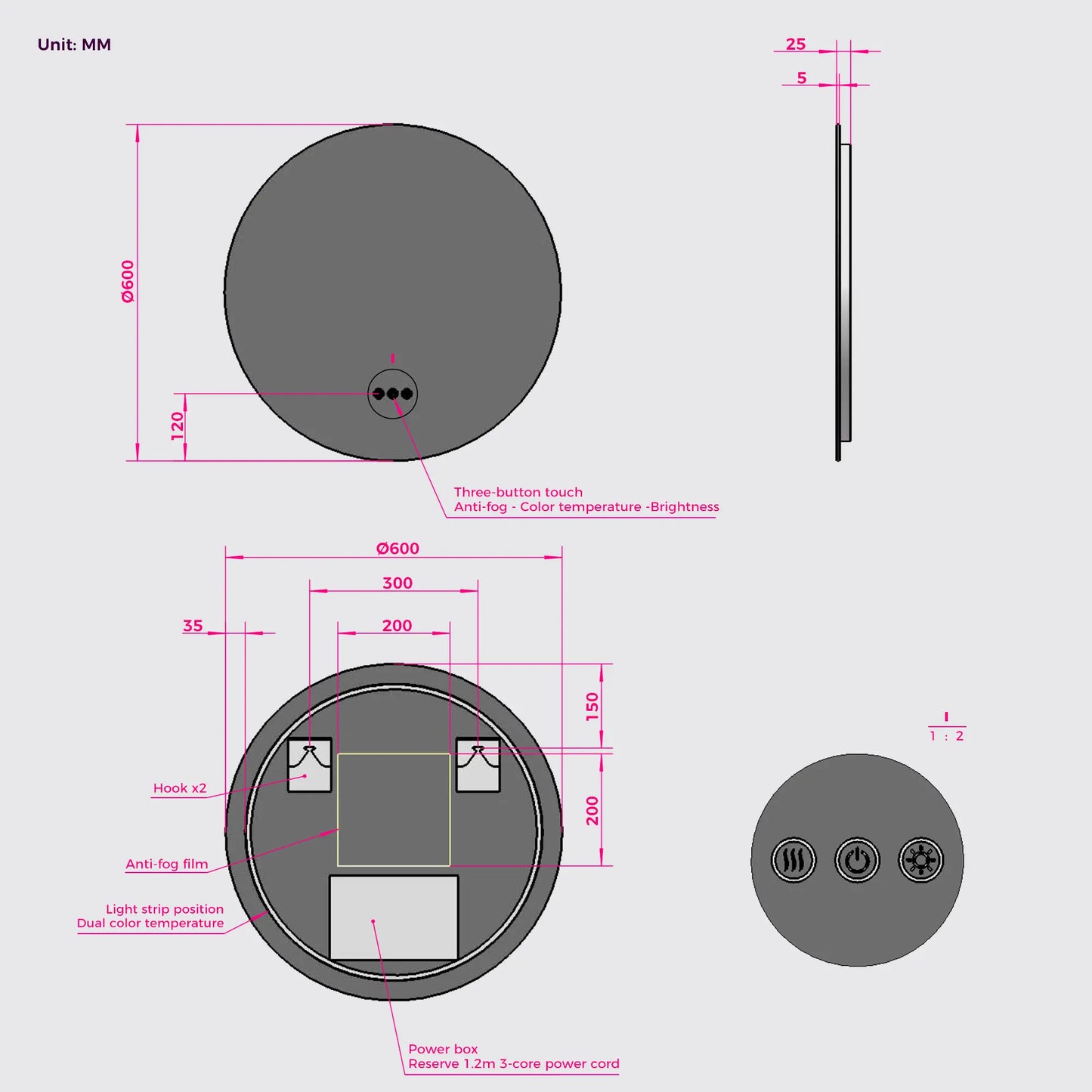 Bathroom LED Lighted Wall Mirror Frameless Round Backlit