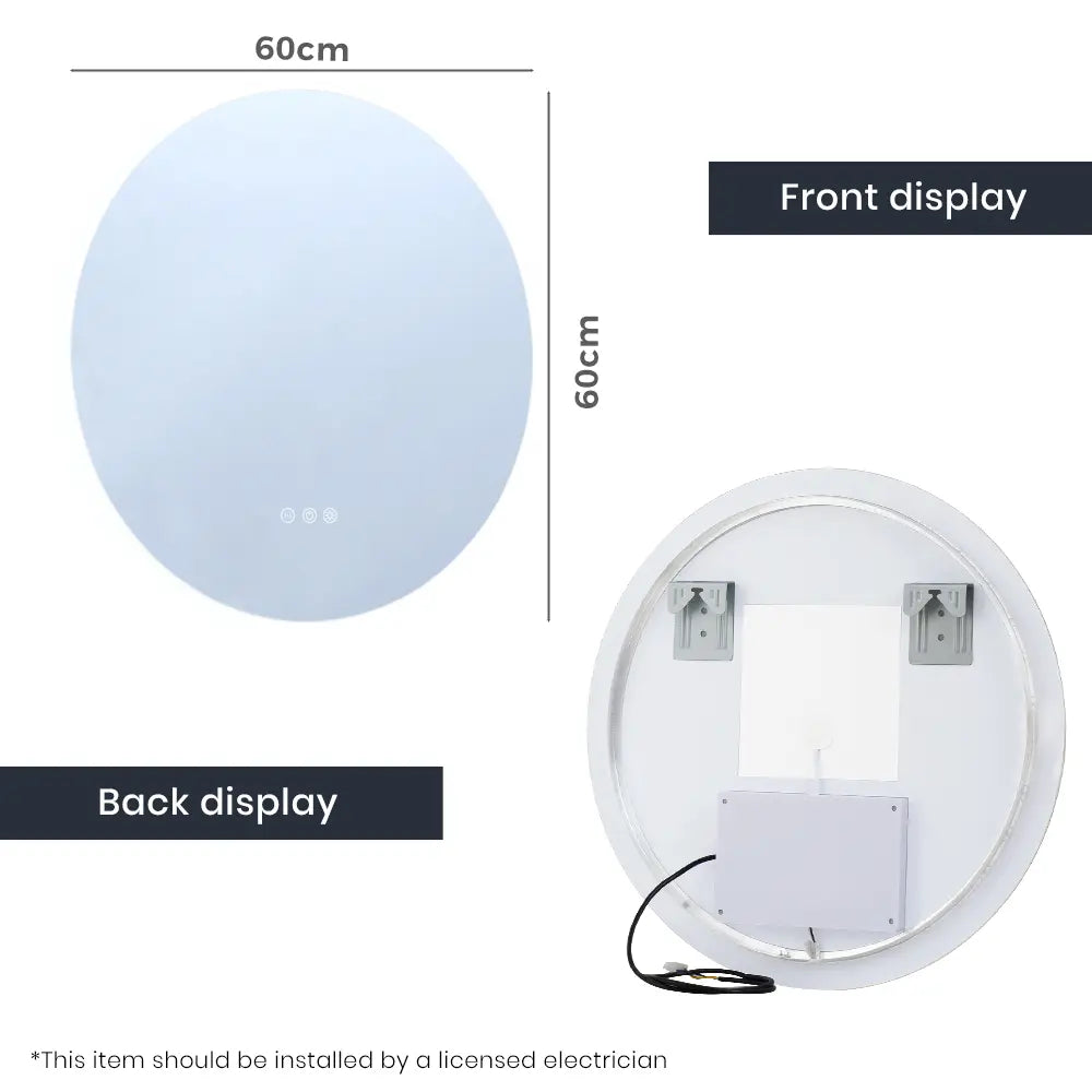 Round frameless bathroom mirror with soft LED backlighting 60cm