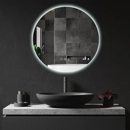 Frameless round LED lighted wall mirror with backlit illumination in modern bathroom