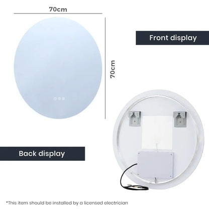 Round frameless bathroom mirror with soft LED backlighting 70cm