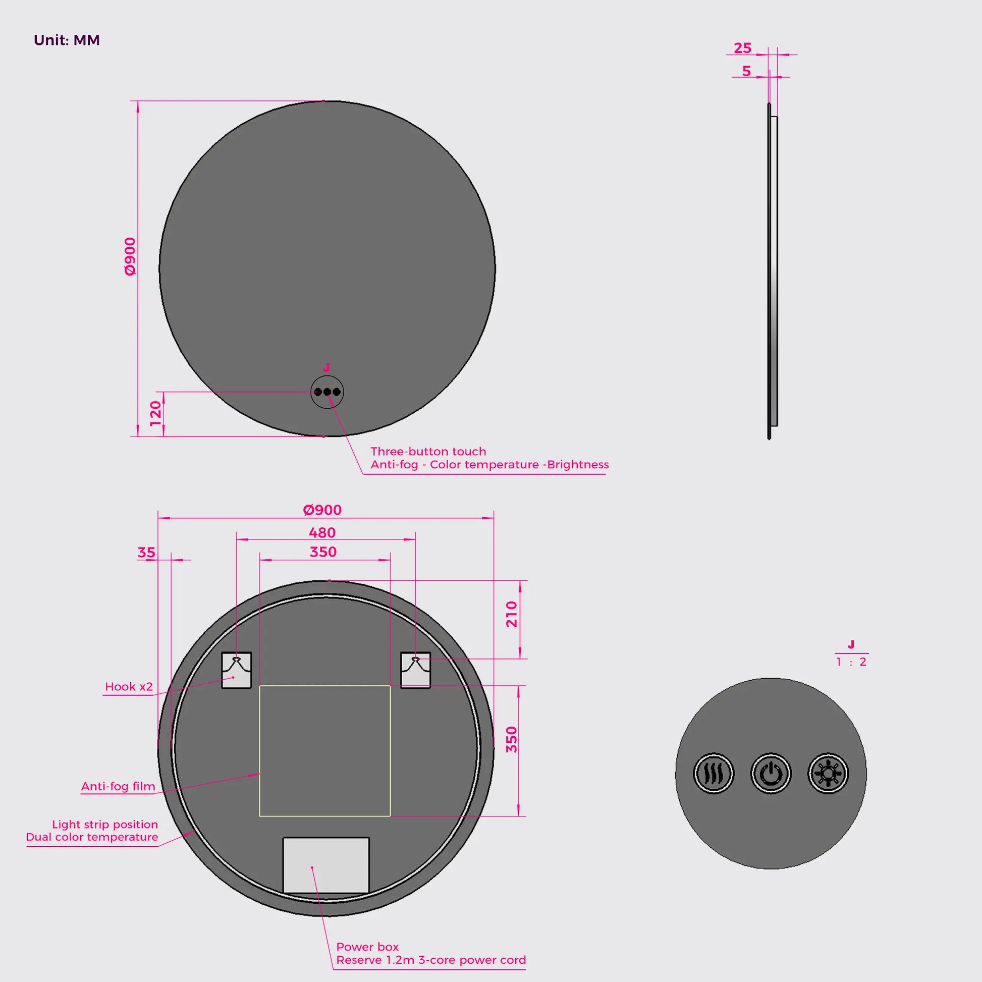 back view of round frameless mirror features