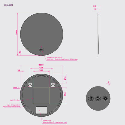 back view of round frameless mirror features