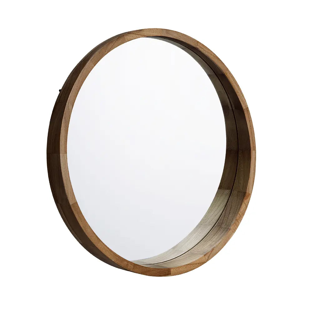 Close-up of Libra Round Wall Mirror's solid wood frame with natural wood finish