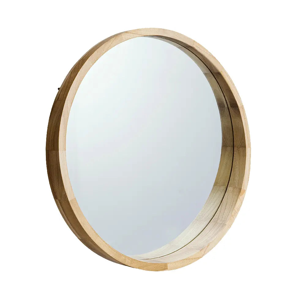 Close-up of Libra Round Wall Mirror's solid wood frame