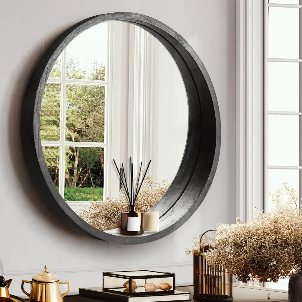 Libra Large Round Solid Wood Frame Wall Mirror in living room color black